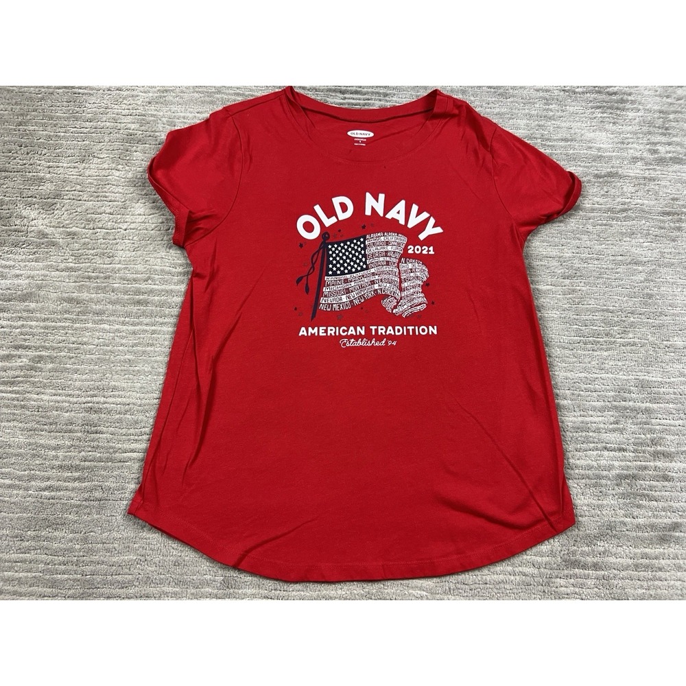 Old Navy Top Womens Small Red United States Flag 2021 T-Shirt Short Sleeve